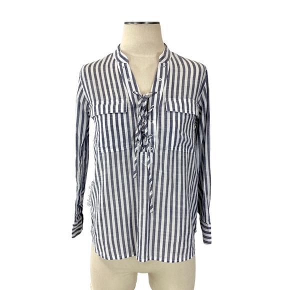Madewell- Blue White Vertical Stripe Lace Up Top - Picture 1 of 8